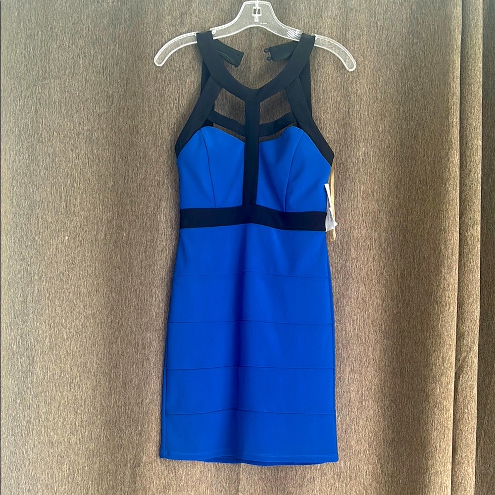 Crystal Doll Blue and Black Halter Bodycon Mini Dress